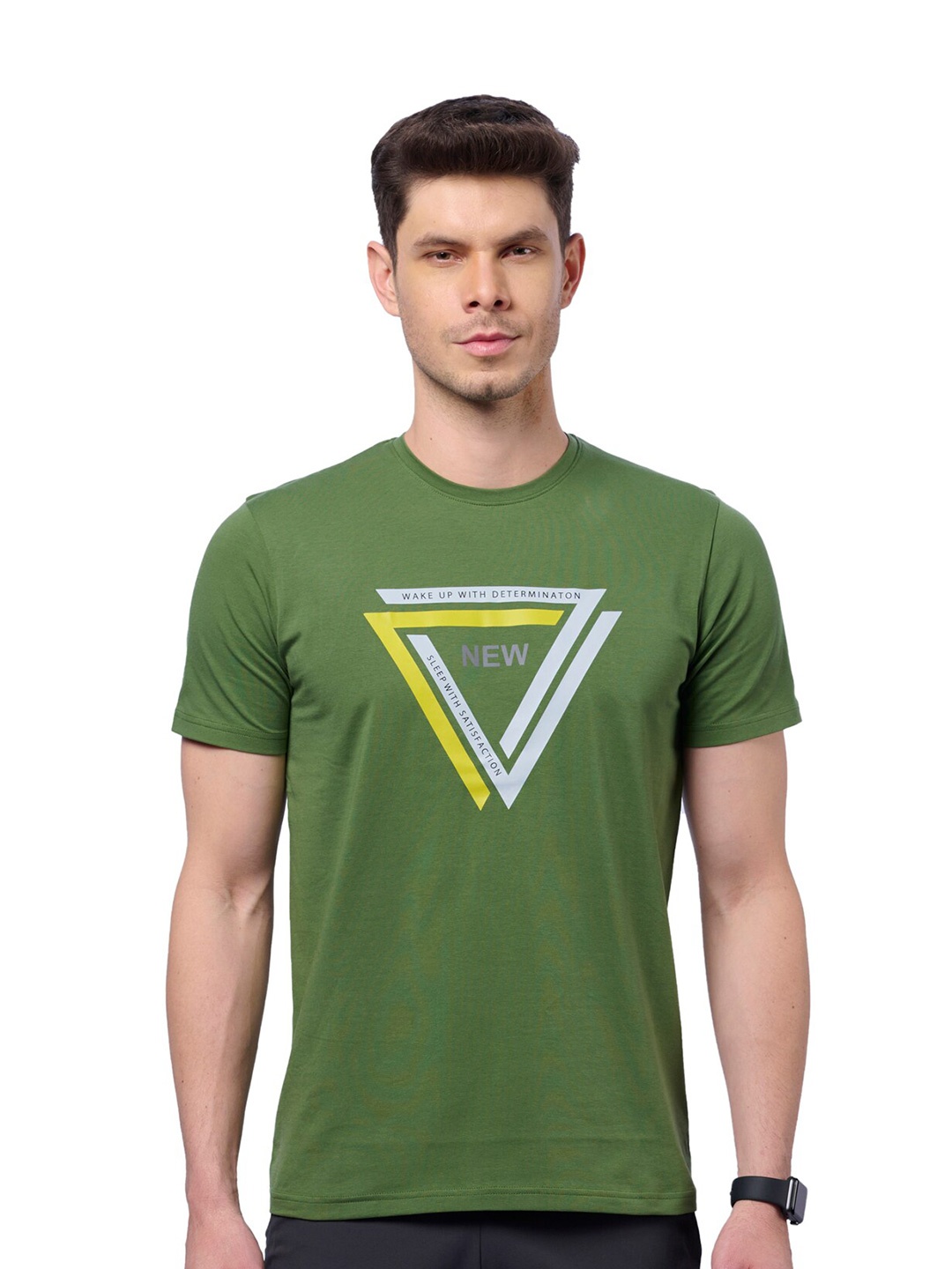 

DOMIN8 Geometric Printed Cotton T-shirts, Green