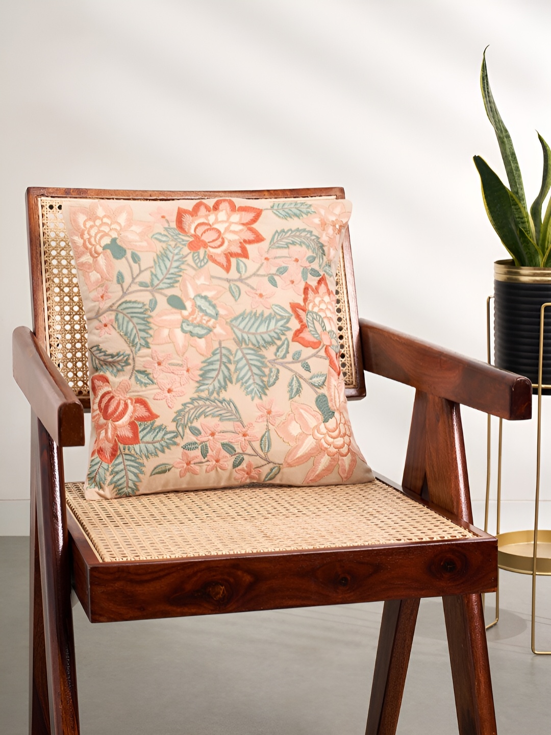 

Living scapes by Pantaloons Green & Orange Floral Square Cushion Cover