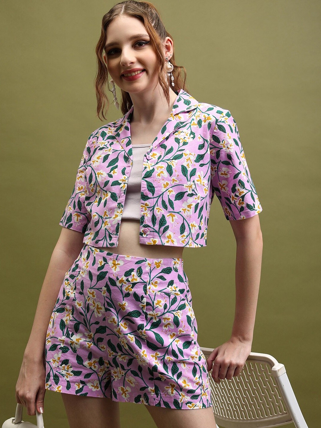 

Tokyo Talkies Orange Coloured Printed Pure Cotton Shirt With Shorts Co-Ords, Pink