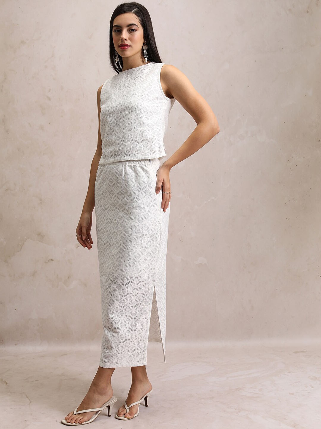 

Tokyo Talkies White Self Design Crop Top With Skirt Co-Ords