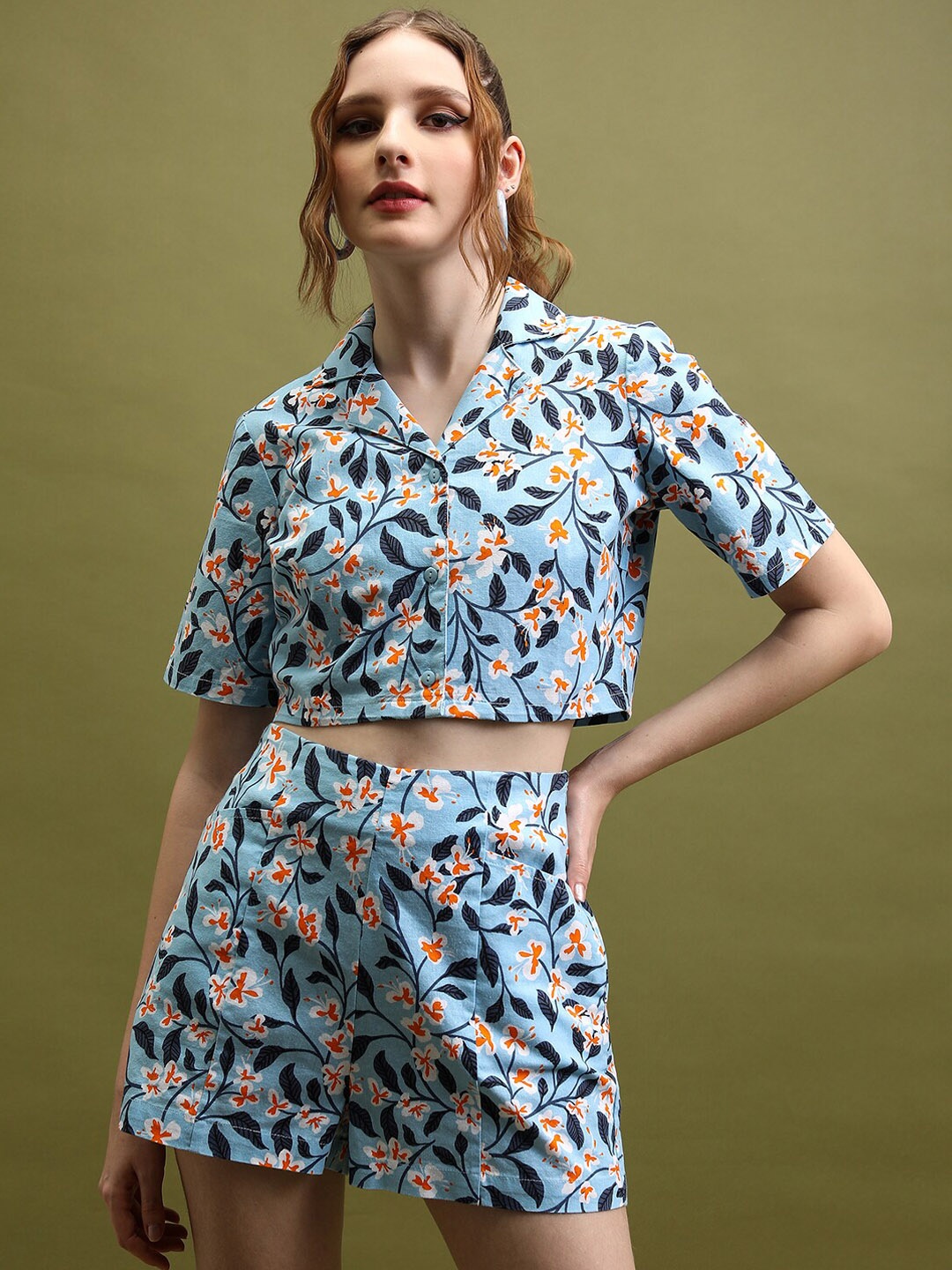 

Tokyo Talkies Blue Printed Pure Cotton Shirt With Shorts Co-Ords