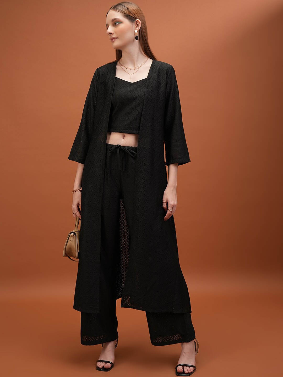 

Tokyo Talkies Crochet Top With Shrug & Trousers, Black