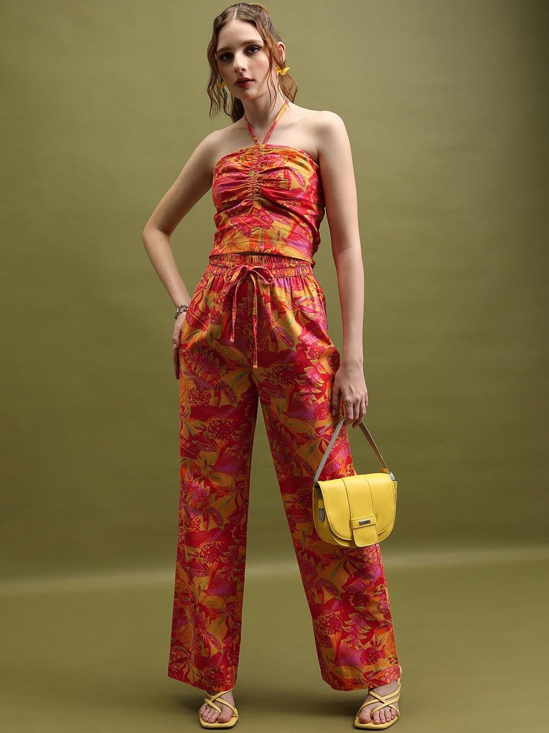 

Tokyo Talkies Ornage Floral Printed Halter Neck Crop Top With Trousers, Orange
