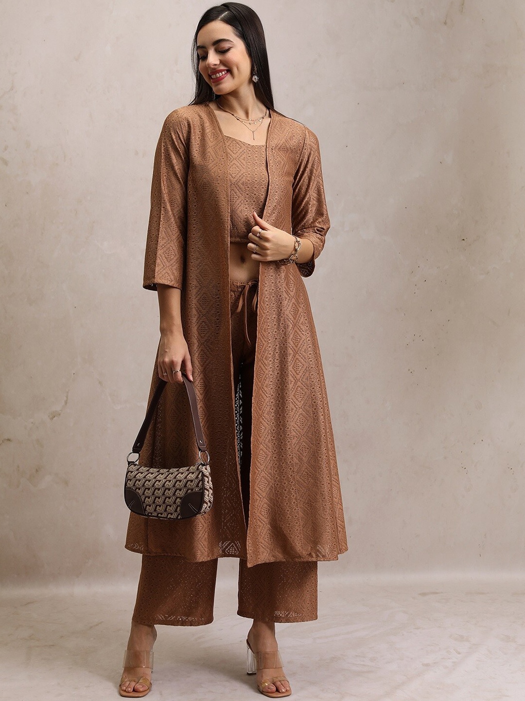 

Tokyo Talkies Brown Self-Designed Crochet Top & Trousers With Shrug