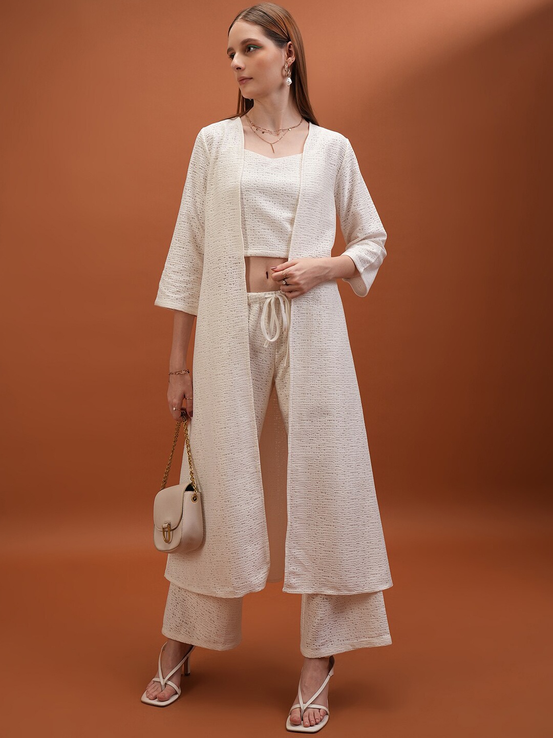 

Tokyo Talkies White Self-Design Crochet Top With Trousers & Shrug Co-Ords