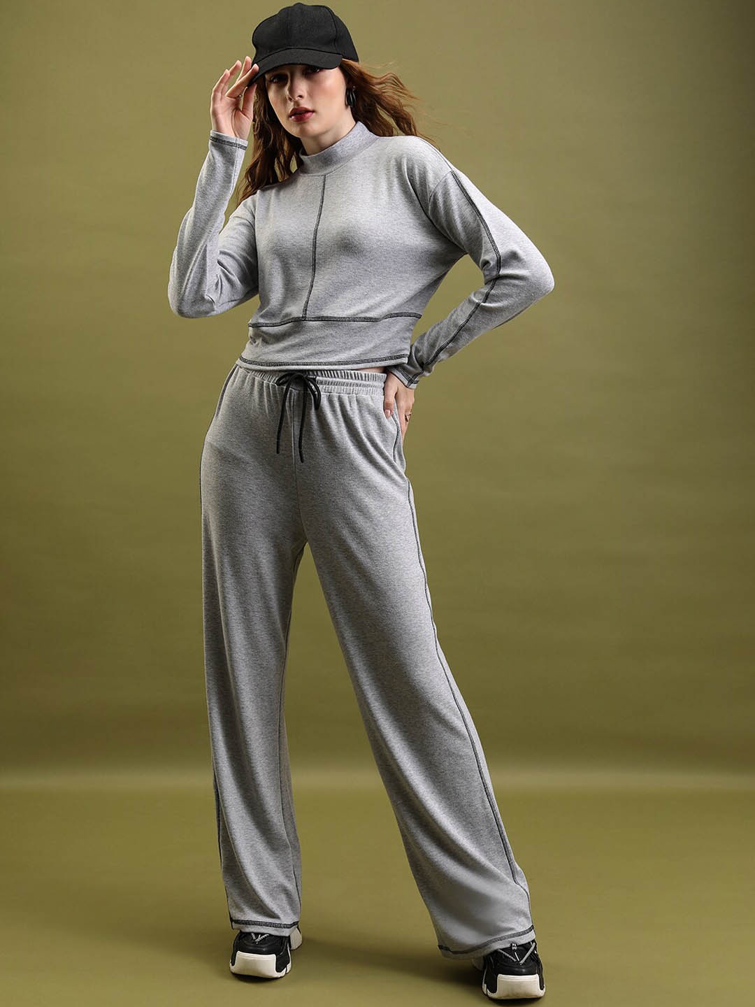 

Tokyo Talkies Grey Melange High Neck Sweatshirt With Trousers