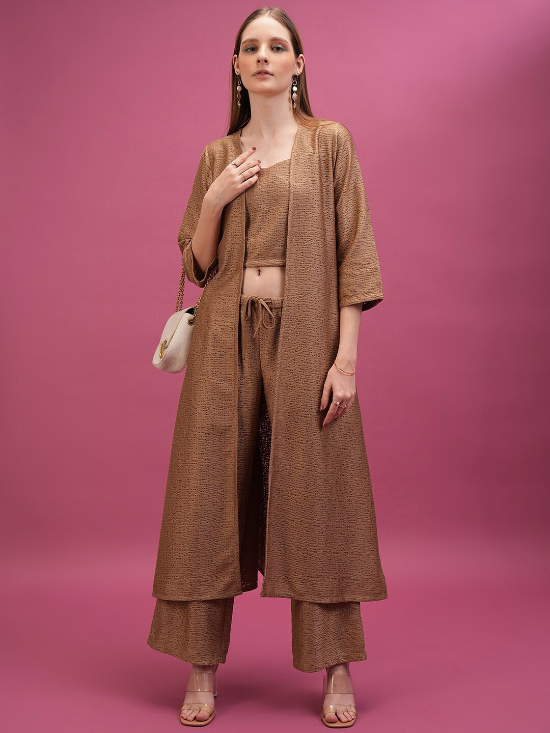 

Tokyo Talkies Brown Self-Design Crochet Crop Top With Trousers & Shrug