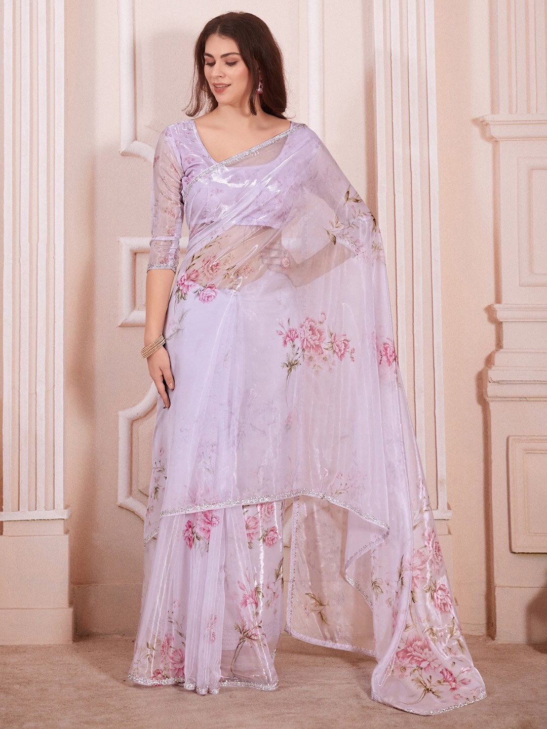 

Saree mall Floral Printed Organza Saree, Lavender