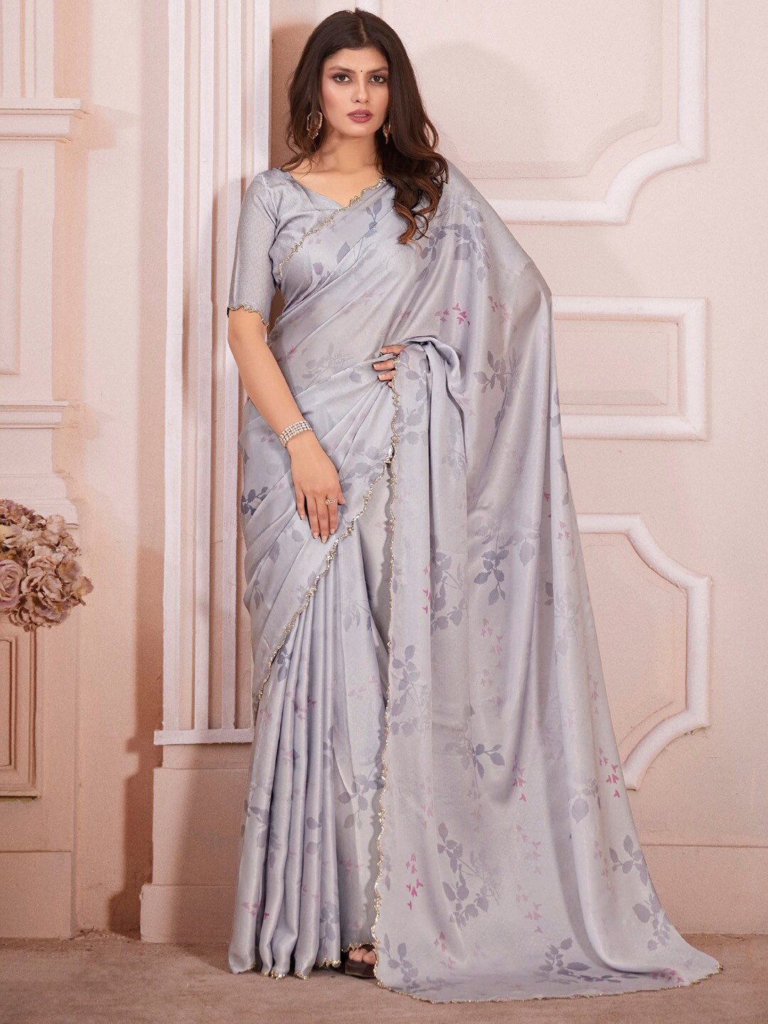 

Saree mall Floral Printed Beads & Stones Satin Saree, Grey