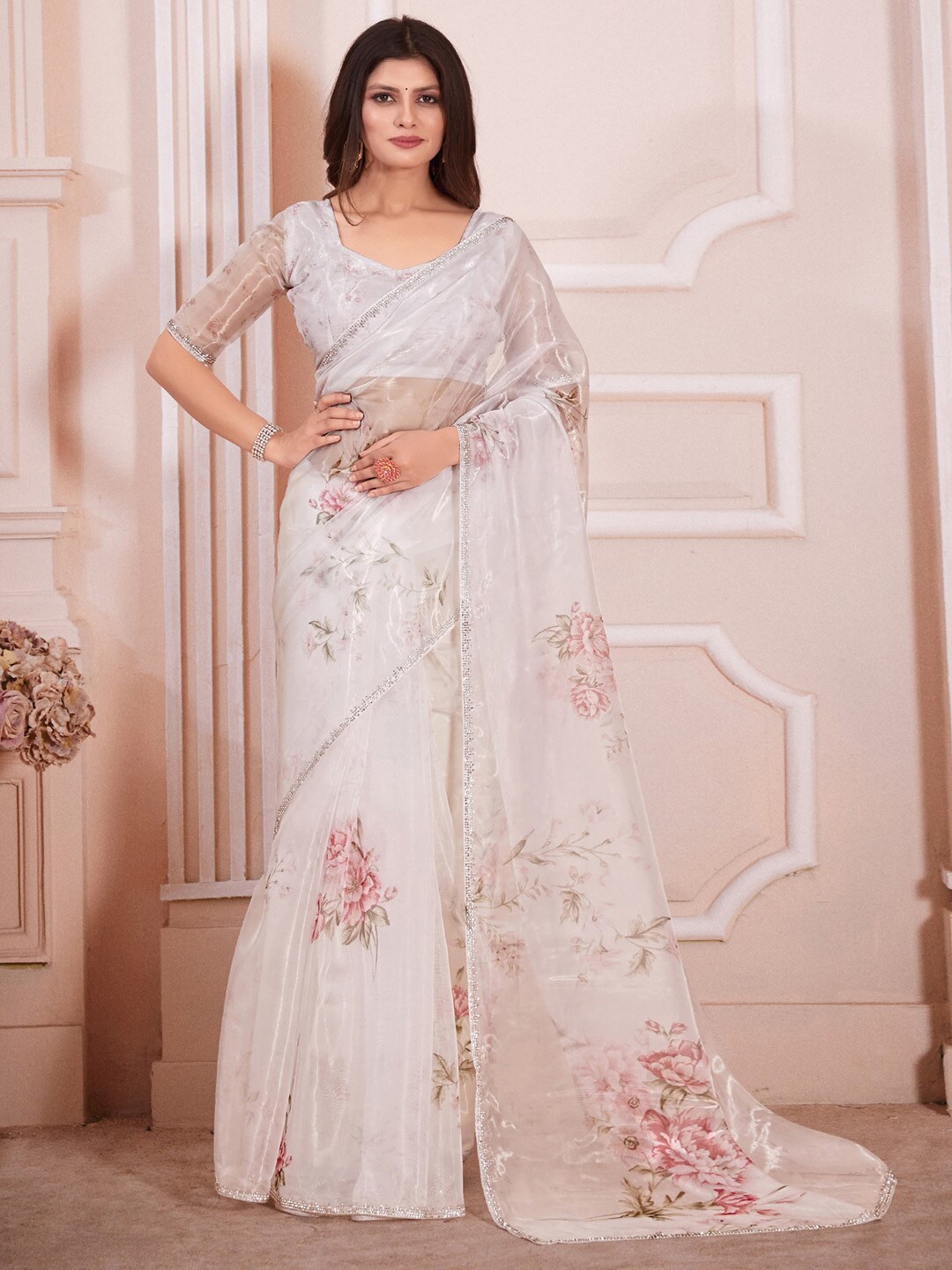 

Saree mall Floral Printed Beads & Stones Organza Saree, Off white