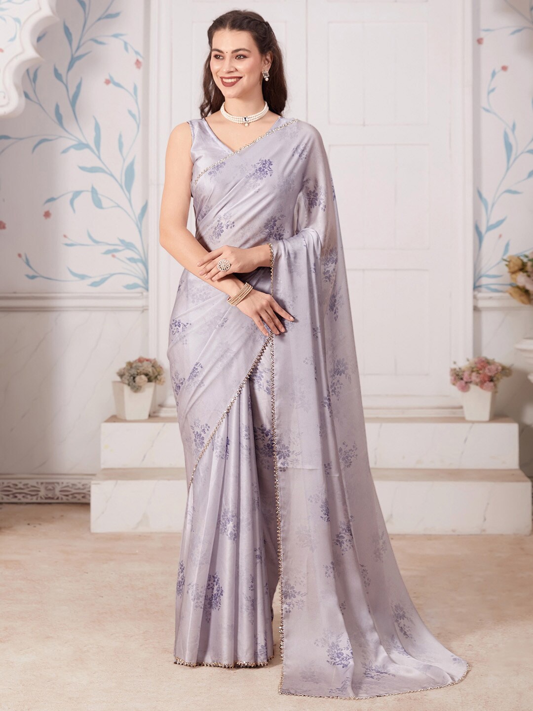 

Saree mall Floral Printed Beads & Stones Satin Saree, Grey