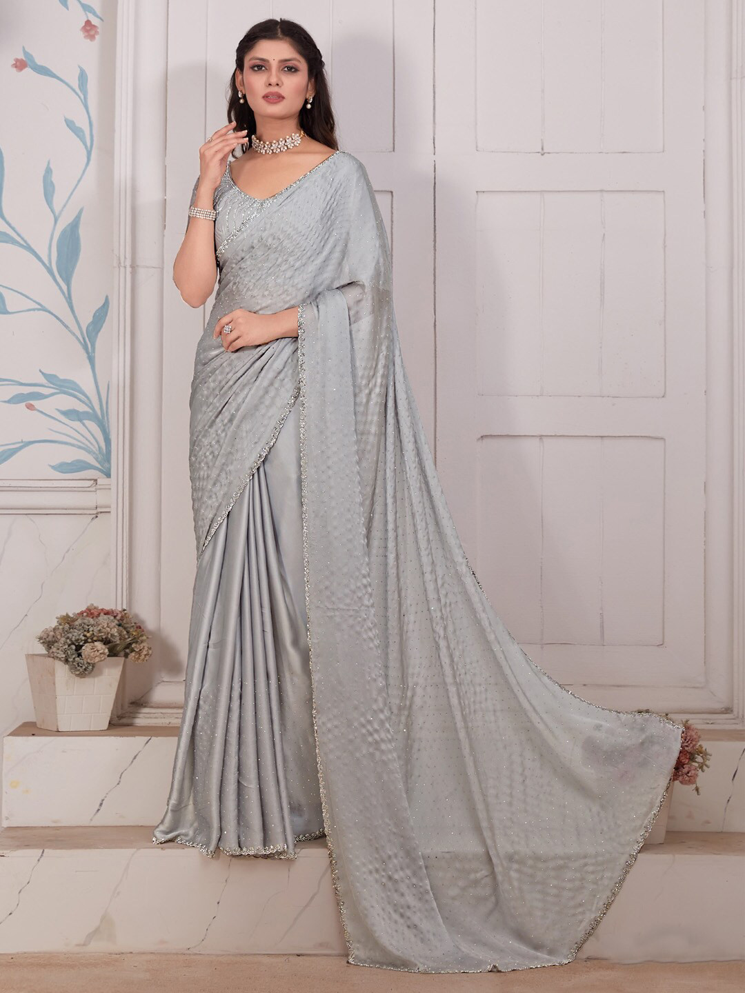 

Saree mall Embellished Beads & Stones Satin Silk Saree, Grey