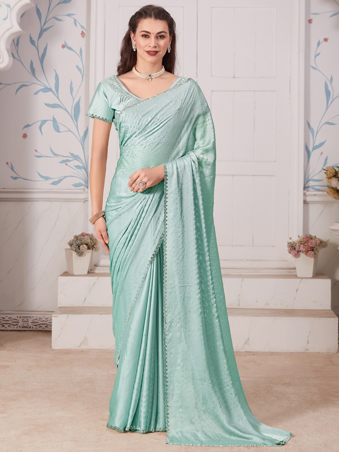

Saree mall Embellished Beads & Stones Satin Silk Saree, Turquoise blue