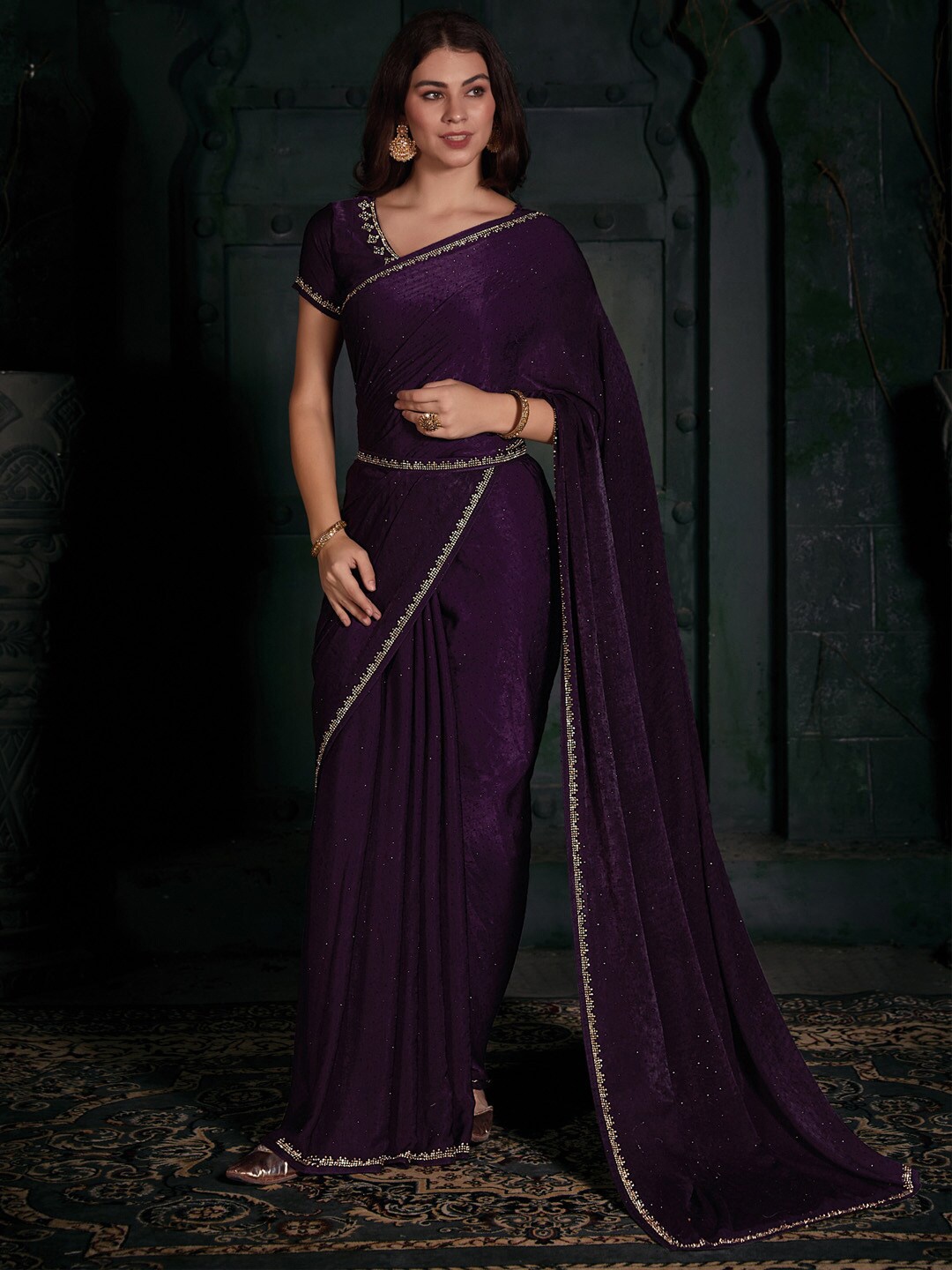 

Saree mall Embellished Beads & Stones Velvet Saree, Purple