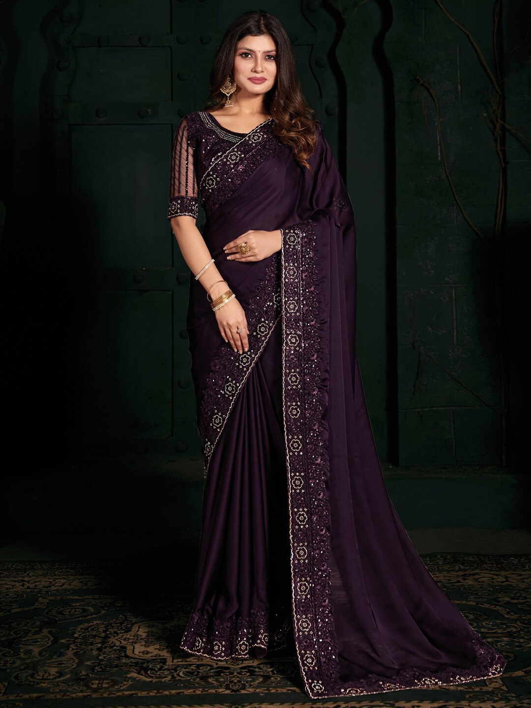 

Saree mall Embellished Beads & Stones Satin Silk Saree, Purple