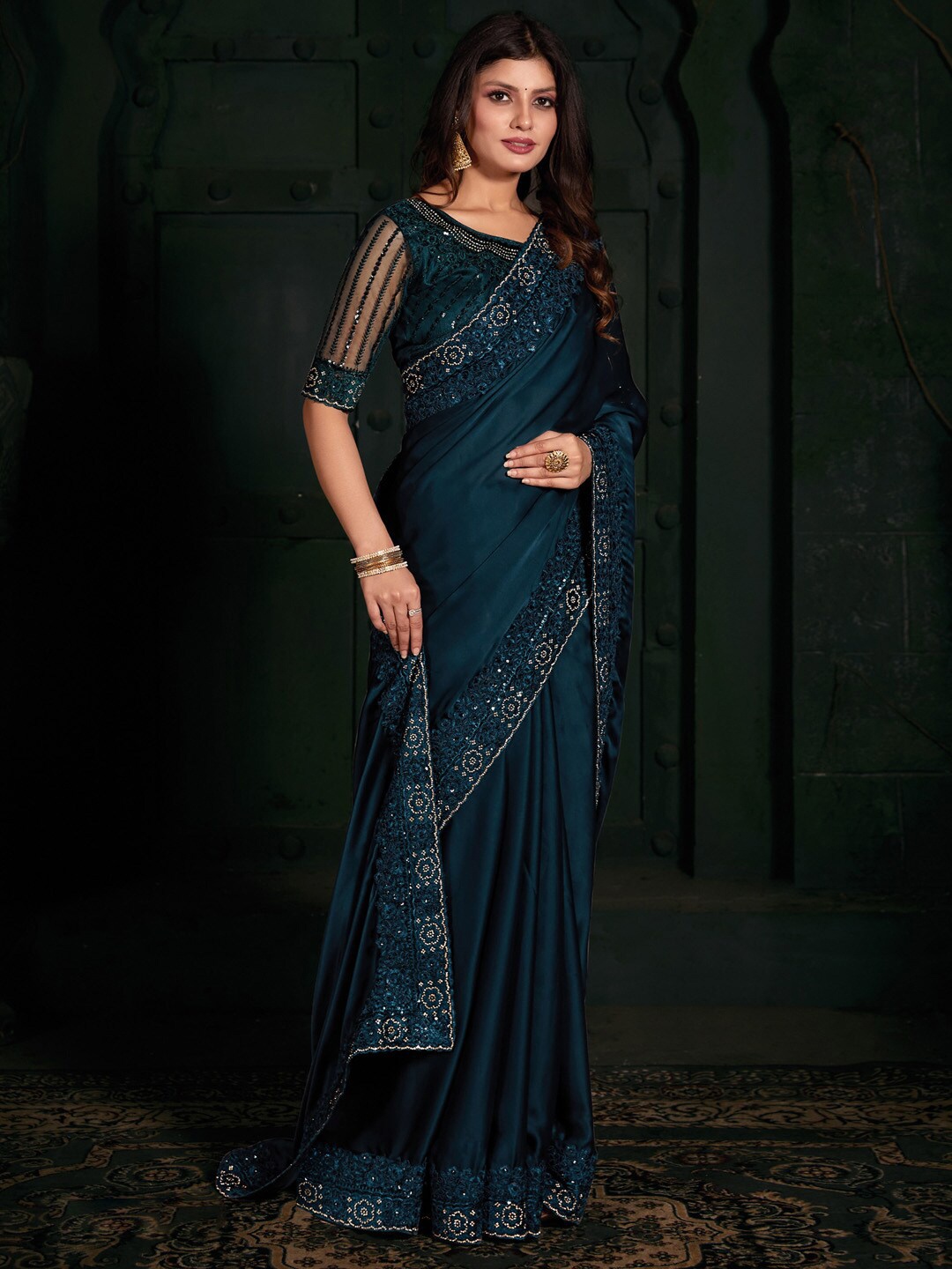 

Saree mall Embellished Beads & Stones Satin Silk Saree, Teal