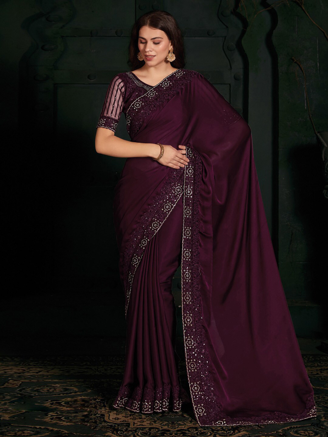 

Saree mall Embellished Beads & Stones Satin Silk Saree, Burgundy