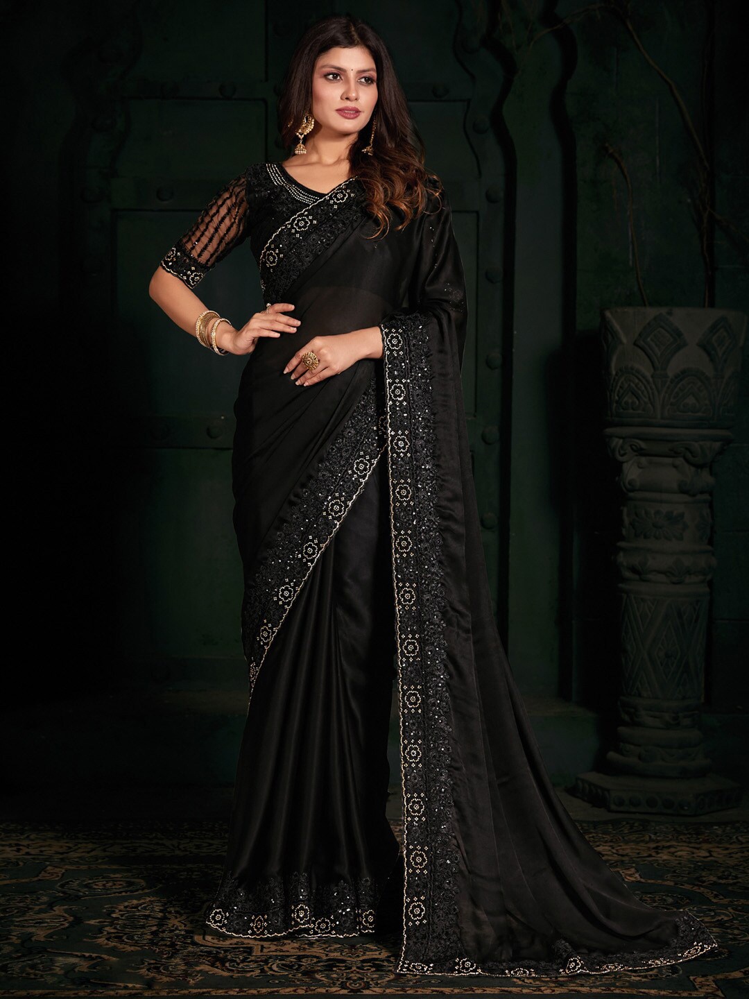 

Saree mall Embellished Beads & Stones Satin Silk Saree, Black