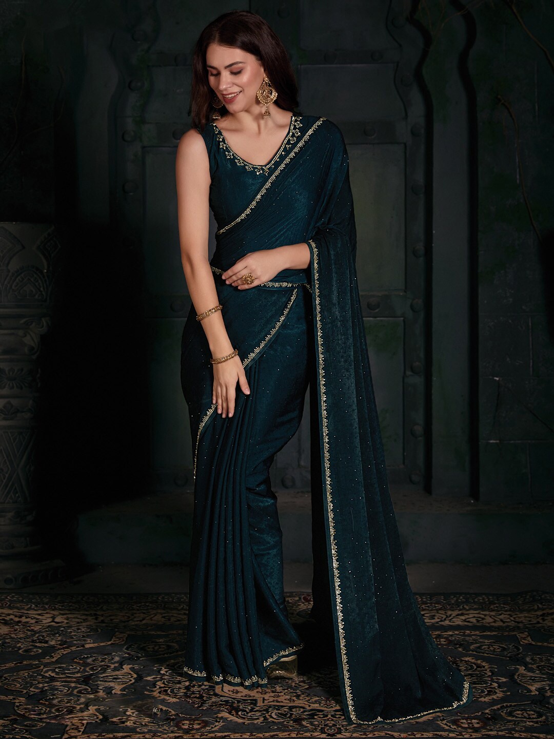 

Saree mall Embellished Border Beads and Stones Velvet Saree, Teal