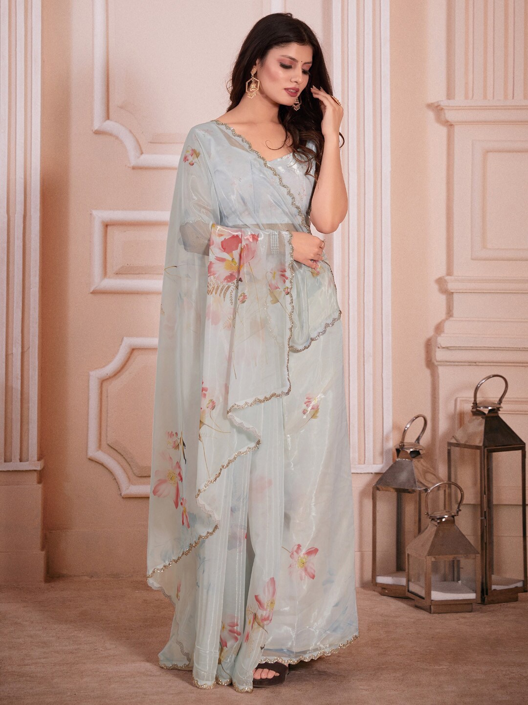 

Saree mall Floral Printed Beads and Stones Organza Saree, Blue