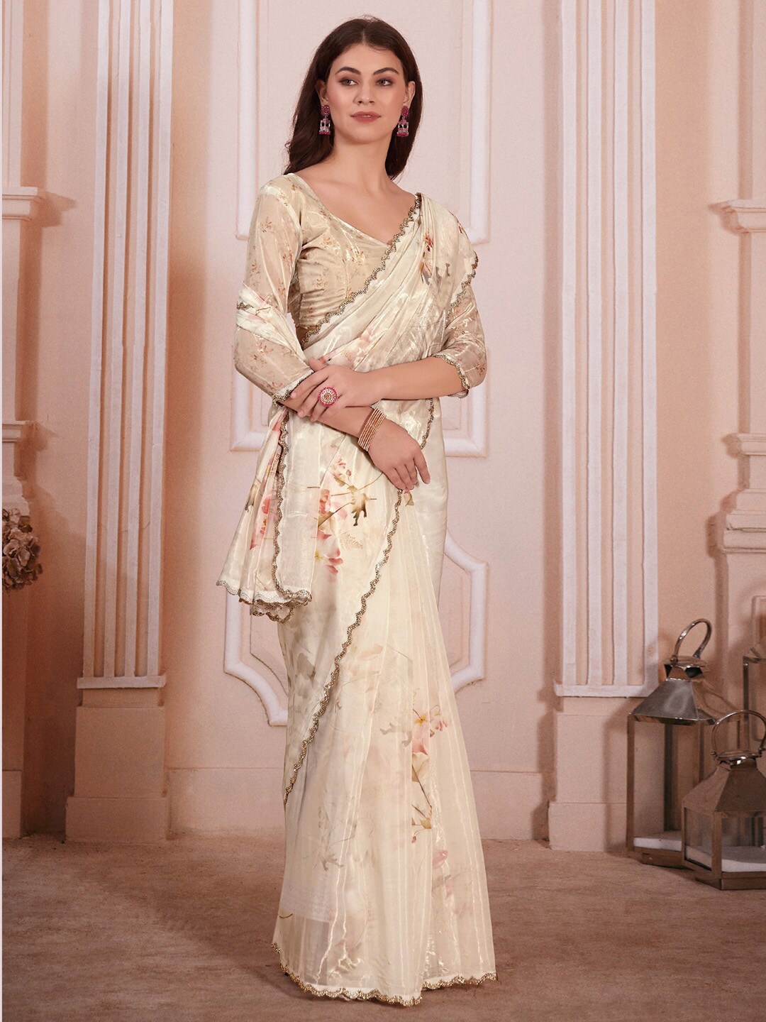 

Saree mall Floral Printed Sequinned Organza Sarees, Cream