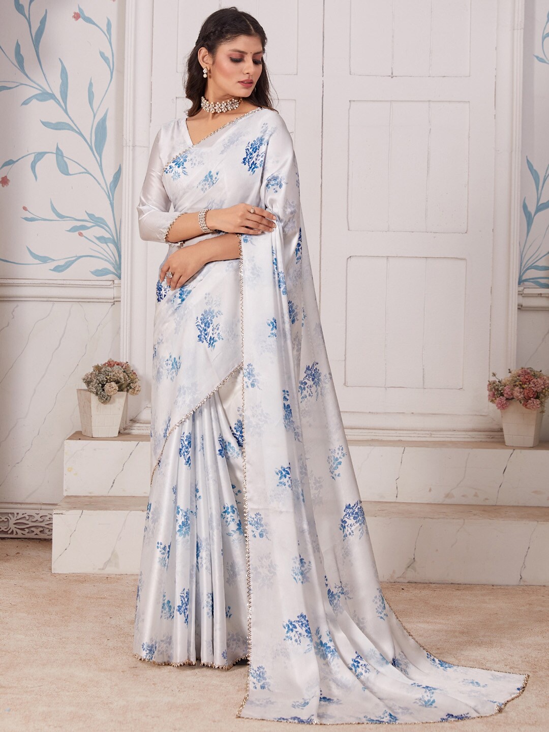 

Saree mall Floral Printed Satin Sarees, White