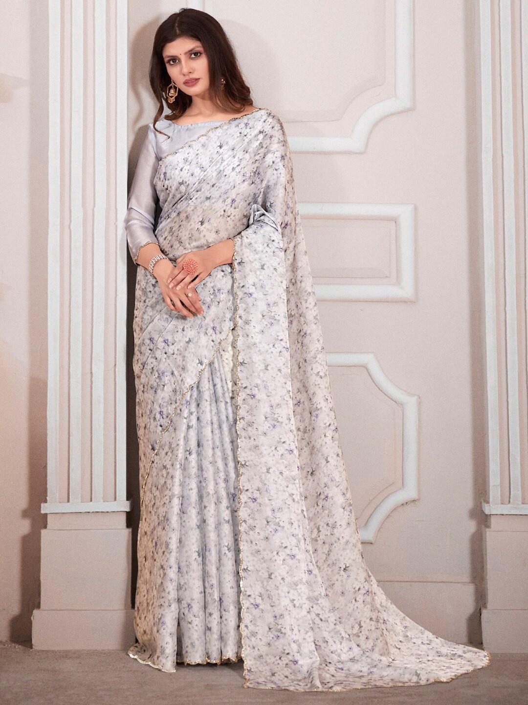 

Saree mall Floral Printed Satin Sarees, Grey