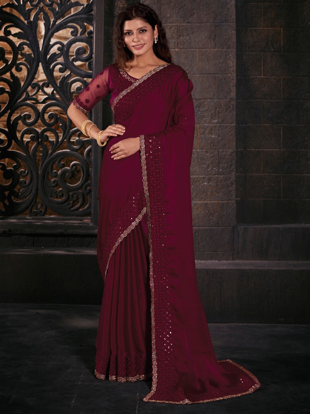 

Saree mall Beads And Stones Pure Chiffon Sarees, Pink