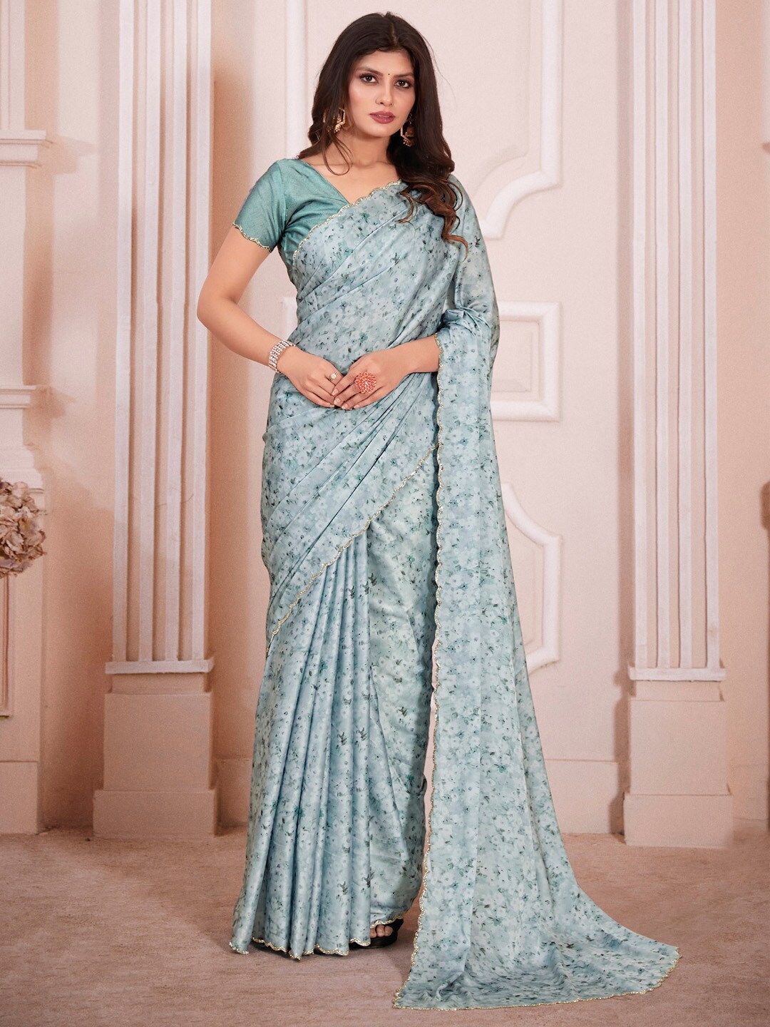 

Saree mall Floral Printed Beads And Stones Satin Sarees, Sea green