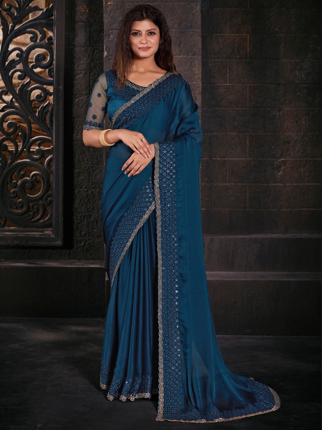 

Saree mall Beads and Stones Poly Chiffon Sarees, Teal