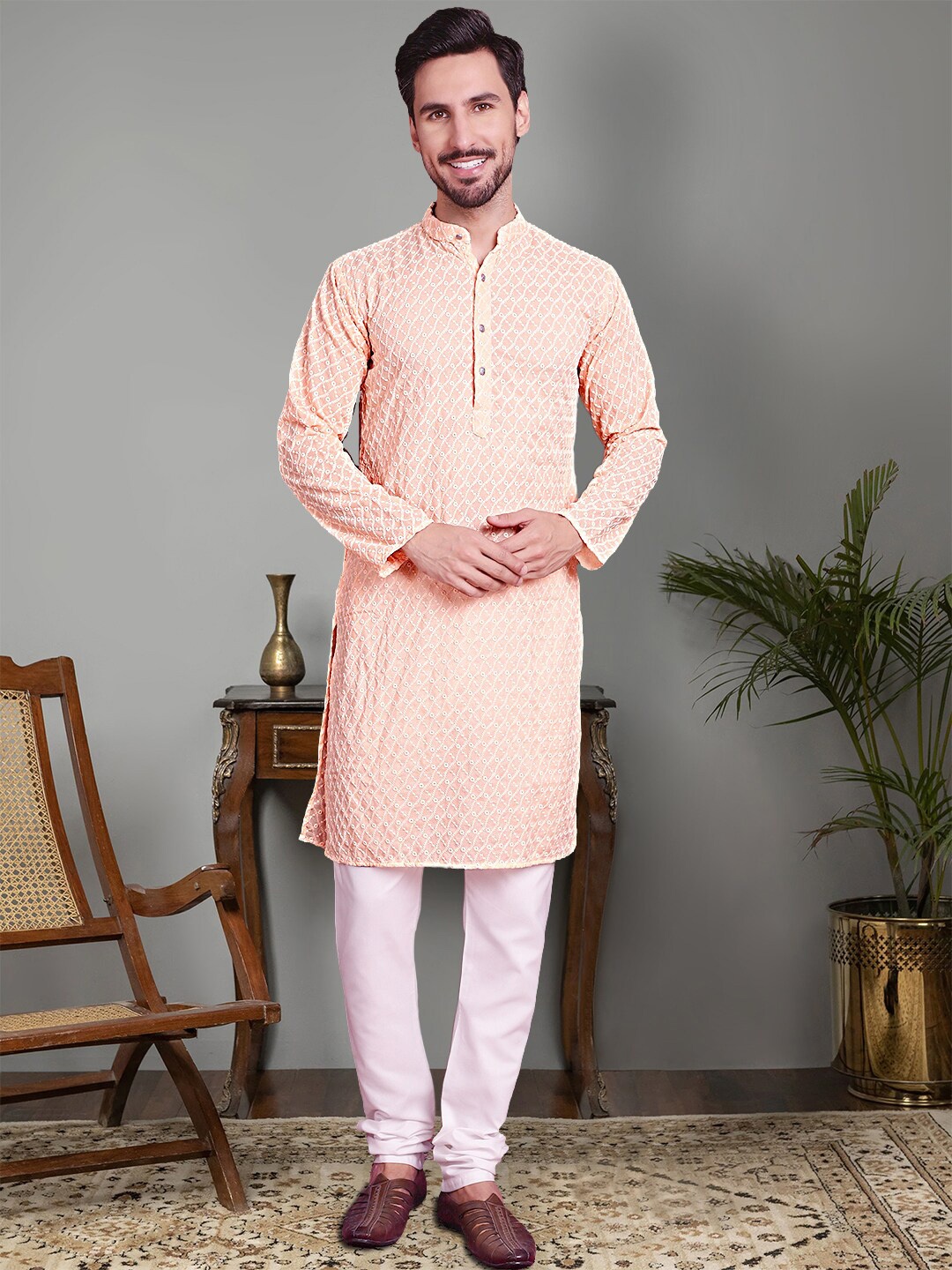 

Jompers Ethnic Motifs Embroidered Regular Chikankari Pure Cotton Kurta With Churidar, Orange