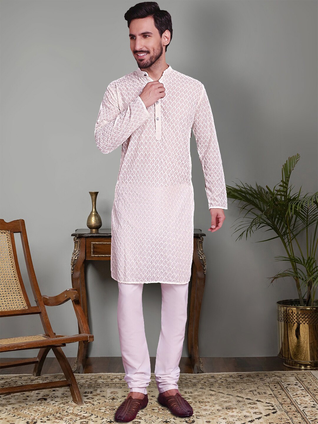 

Jompers Ethnic Motif Embroidered Regular Chikankari Pure Cotton Kurta With Churidar, White