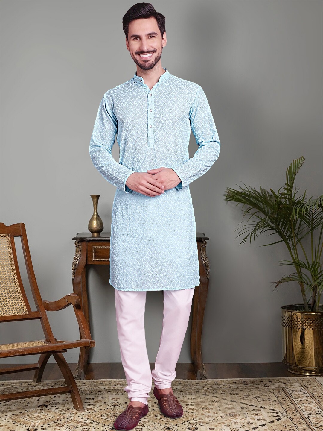 

Jompers Ethnic Printed Embroidered Regular Chikankari Pure Cotton Kurta With Churidar, Turquoise blue