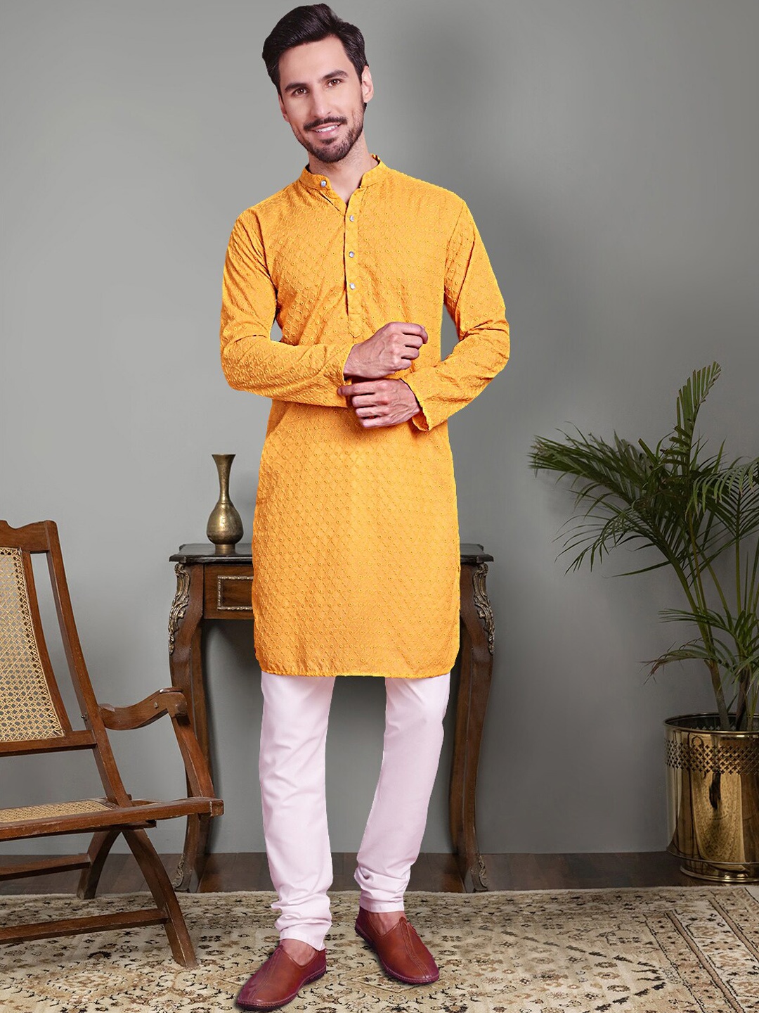 

Jompers Ethnic Motifs Embroidered Pure Cotton Chikankari Kurta With Churidar, Mustard