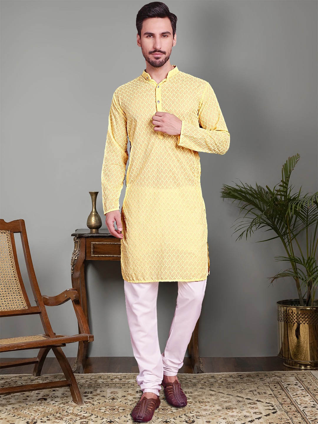 

Jompers Ethnic Motifs Embroidered Pure Cotton Chikankari Kurta With Churidar, Yellow