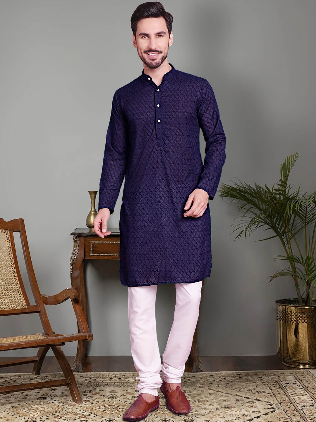 

Jompers Ethnic Motifs Embroidered Pure Cotton Chikankari Kurta With Churidar, Navy blue