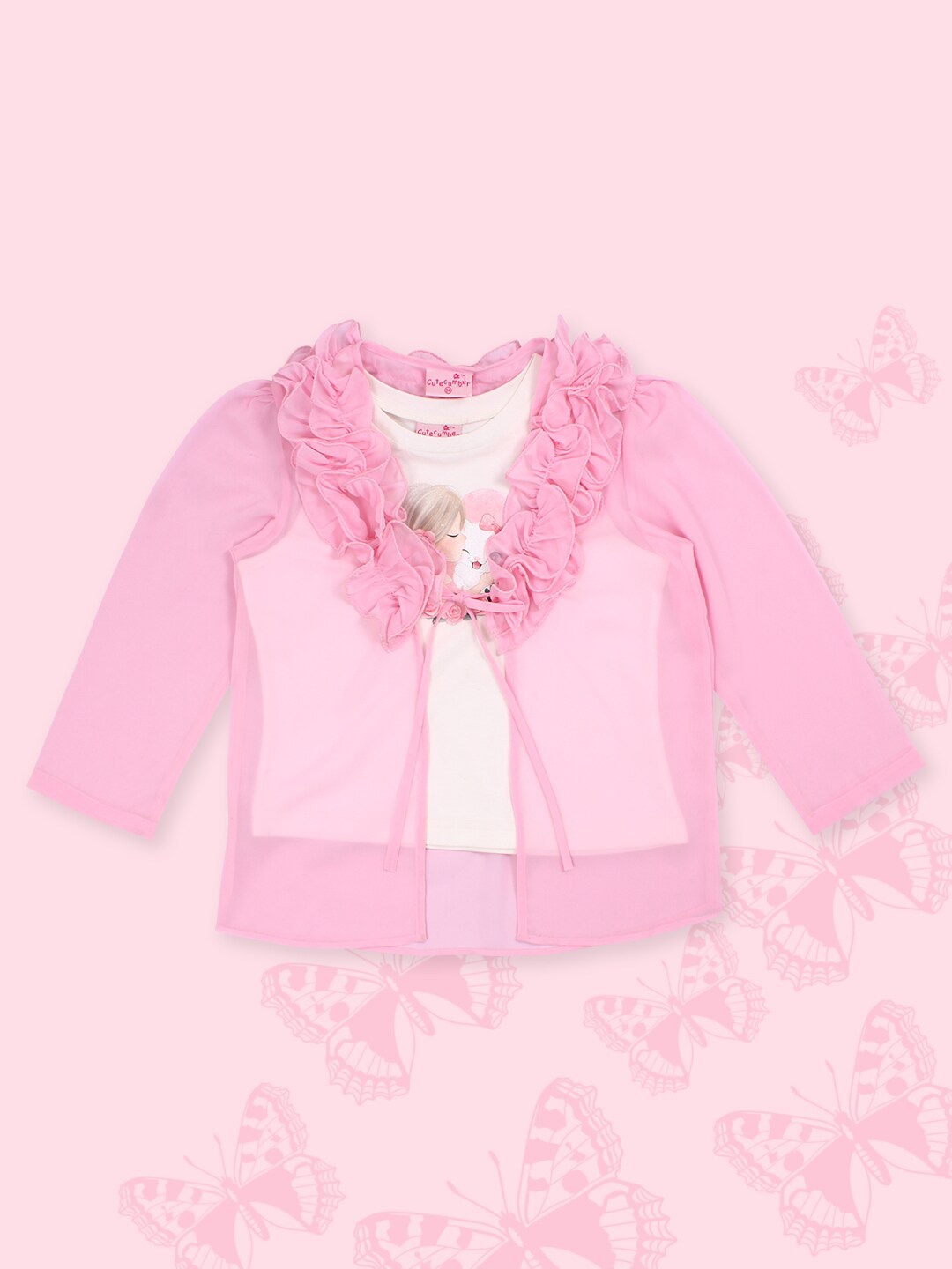 

CUTECUMBER Girls Tie-Up Neck Long Sleeves Ruffled Georgette Regular Top With Inner, Pink