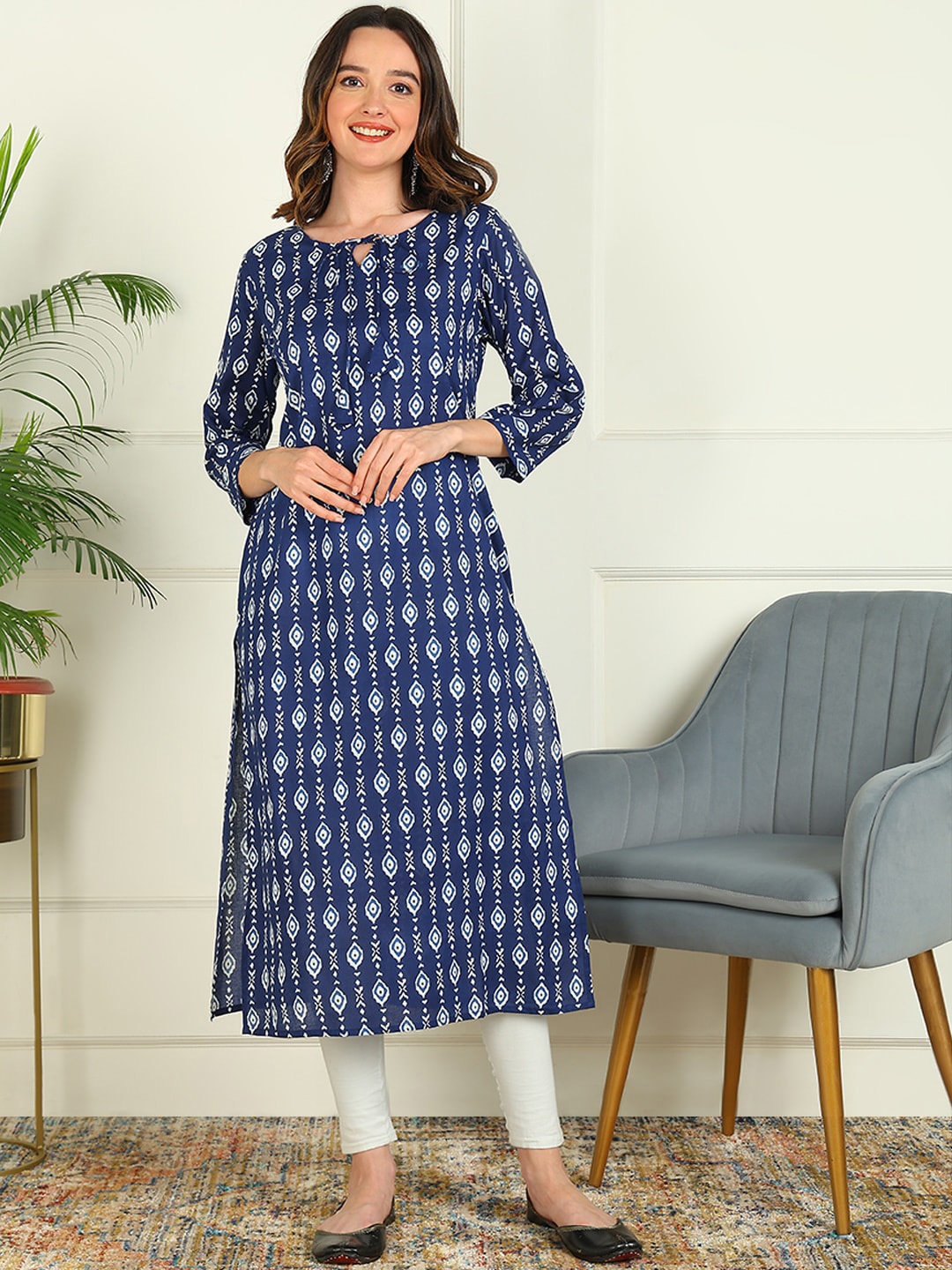 

mokshi Ethnic Motifs Printed Straight Pure Cotton Kurta, Blue