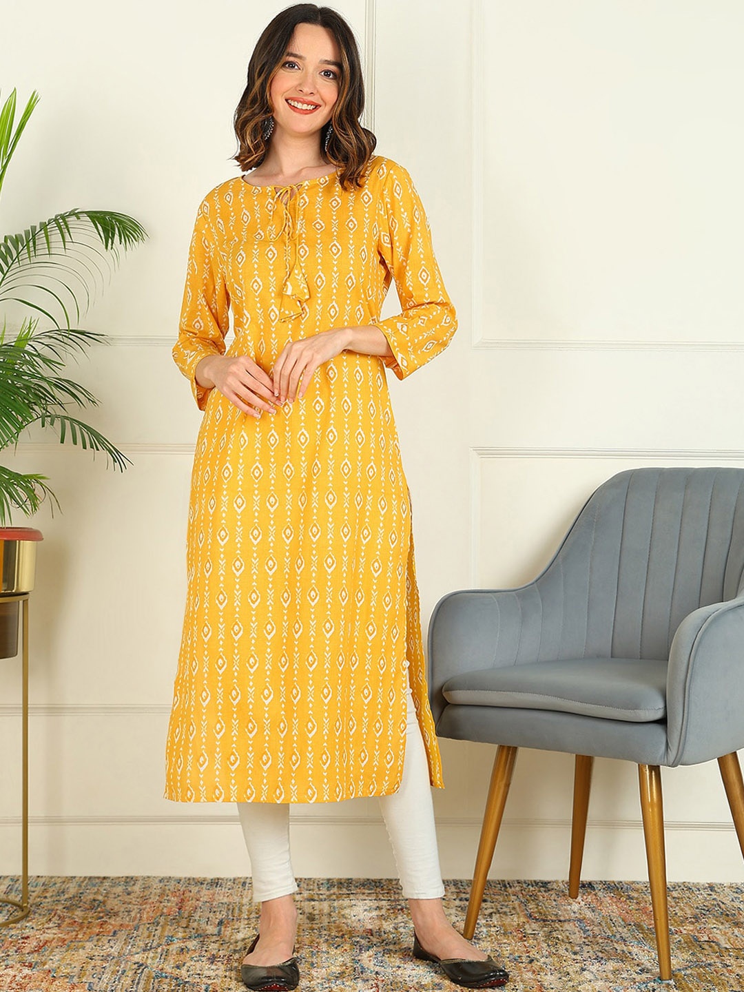 

mokshi Striped Cotton Mirror Work Kurta, Yellow