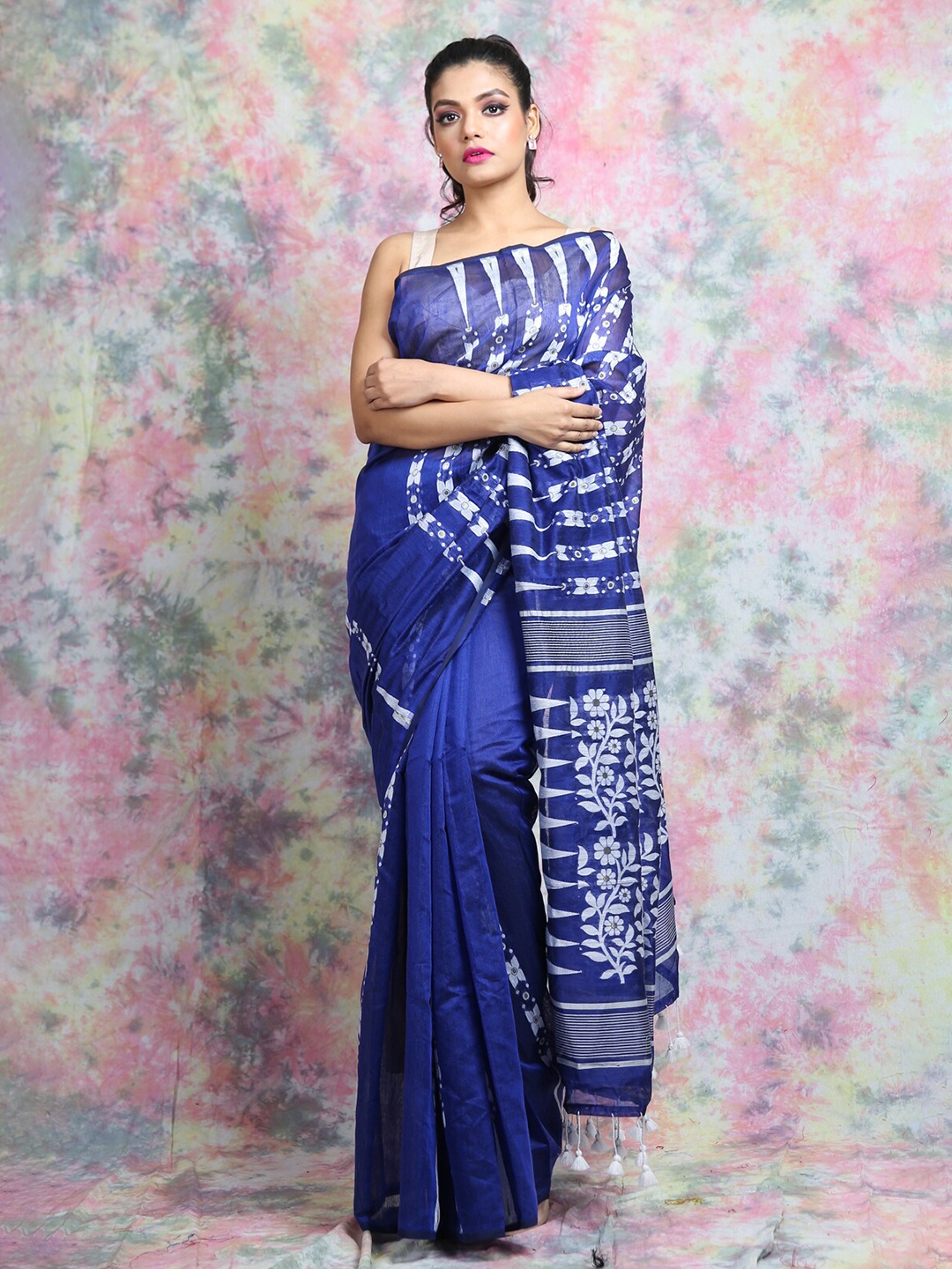 

Charukriti Ethnic Motifs Woven Design Silk Cotton Jamdani Saree, Blue