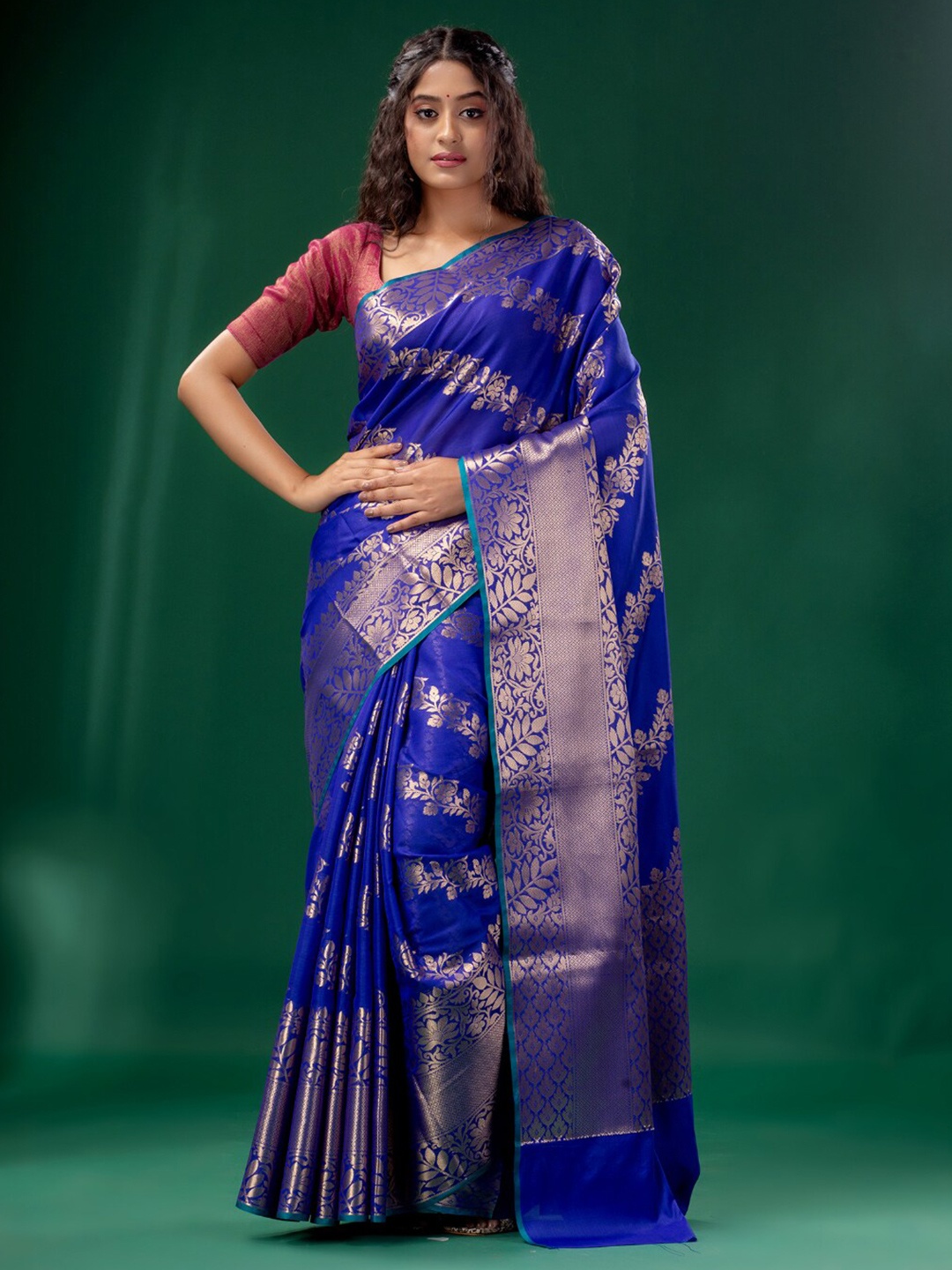 

Charukriti Floral Woven Design Zari Silk Cotton Saree, Blue