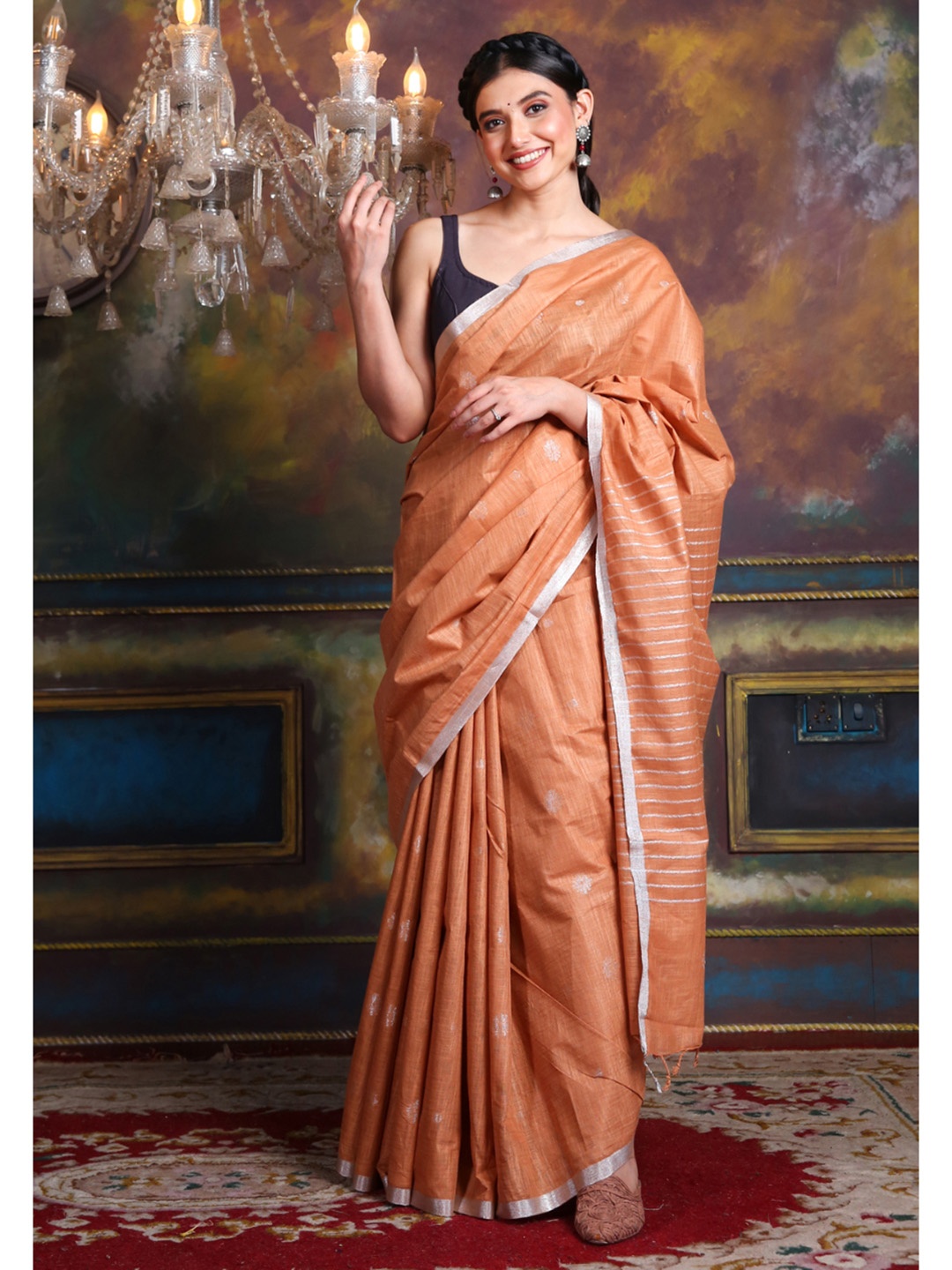 

Charukriti Striped Woven Design Zari Saree, Coral