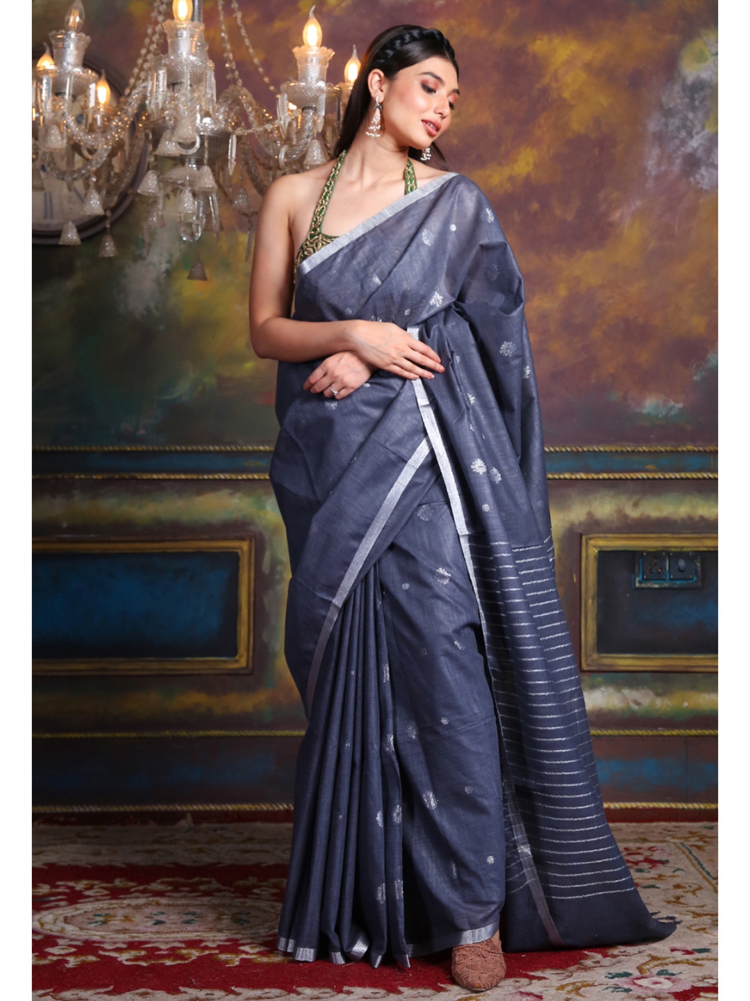 

Charukriti Floral Woven Design Zari Saree, Blue