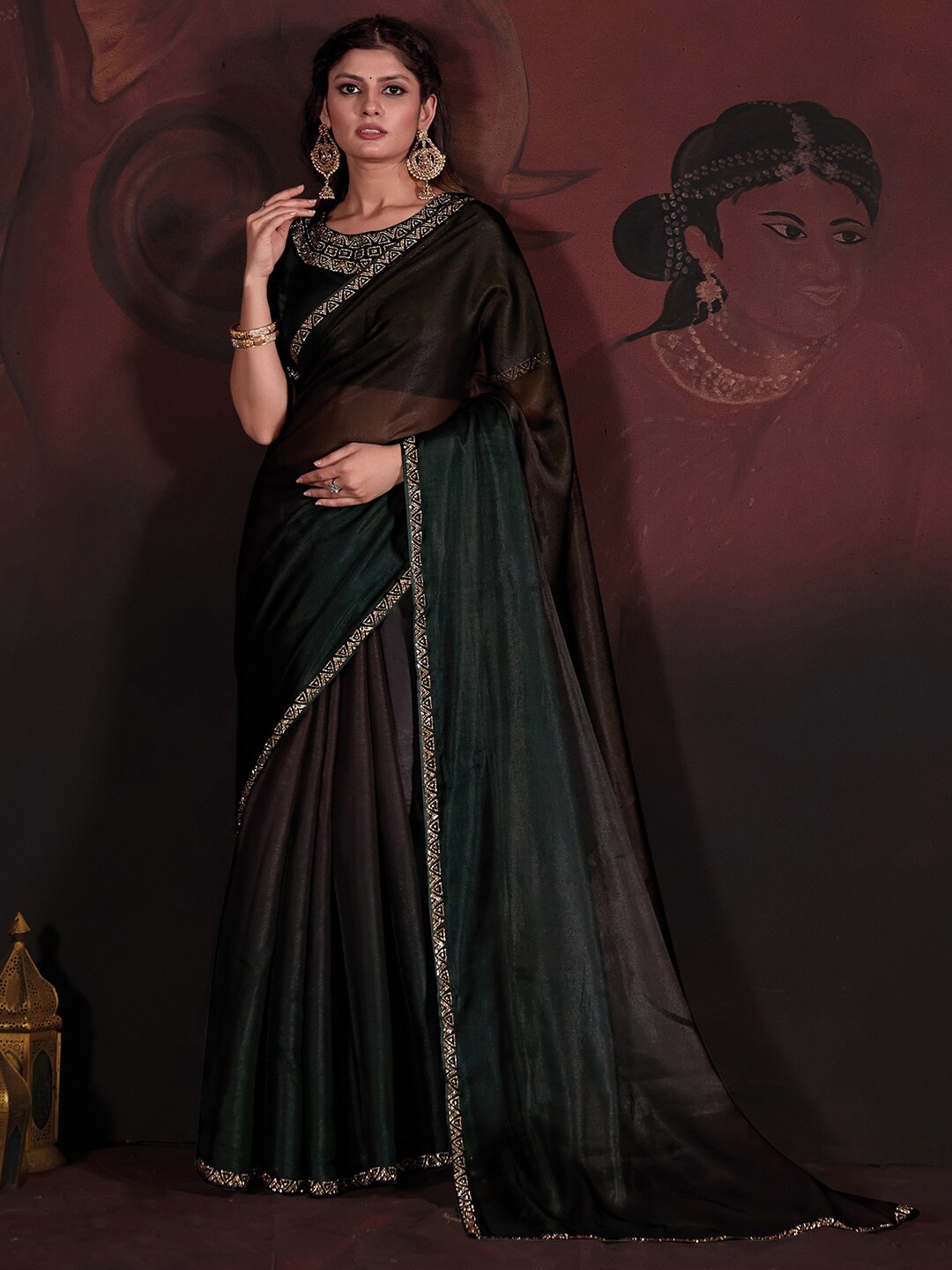 

Saree mall Omber Beads & Stones Organza Sarees, Green