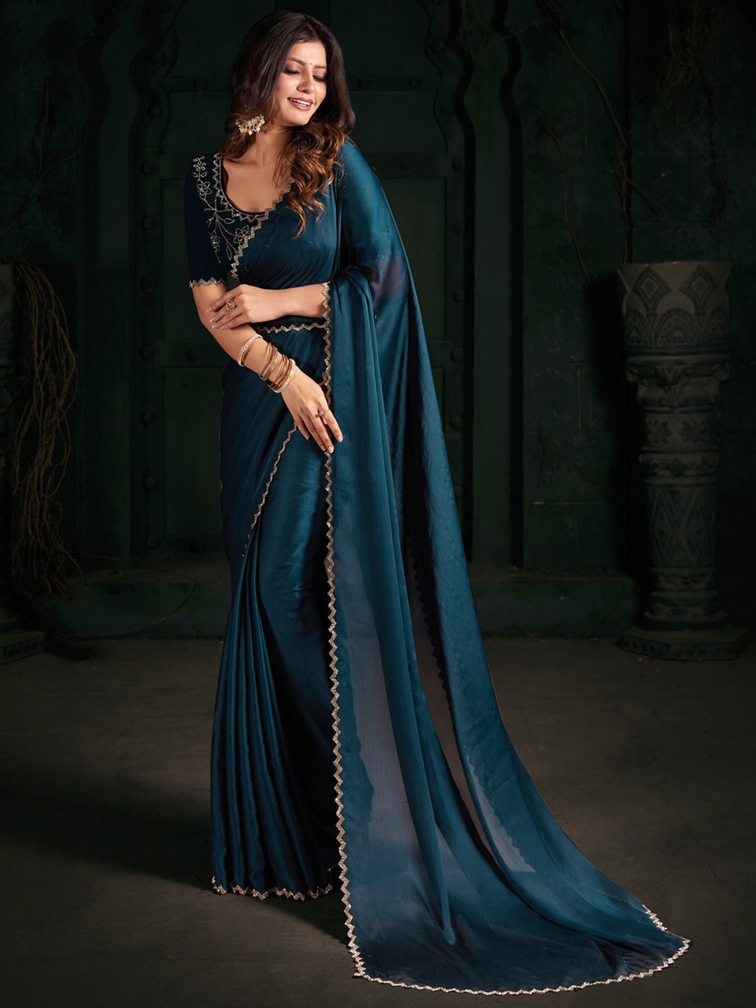 

Saree mall Beads & Stones Poly Chiffon Sarees, Teal