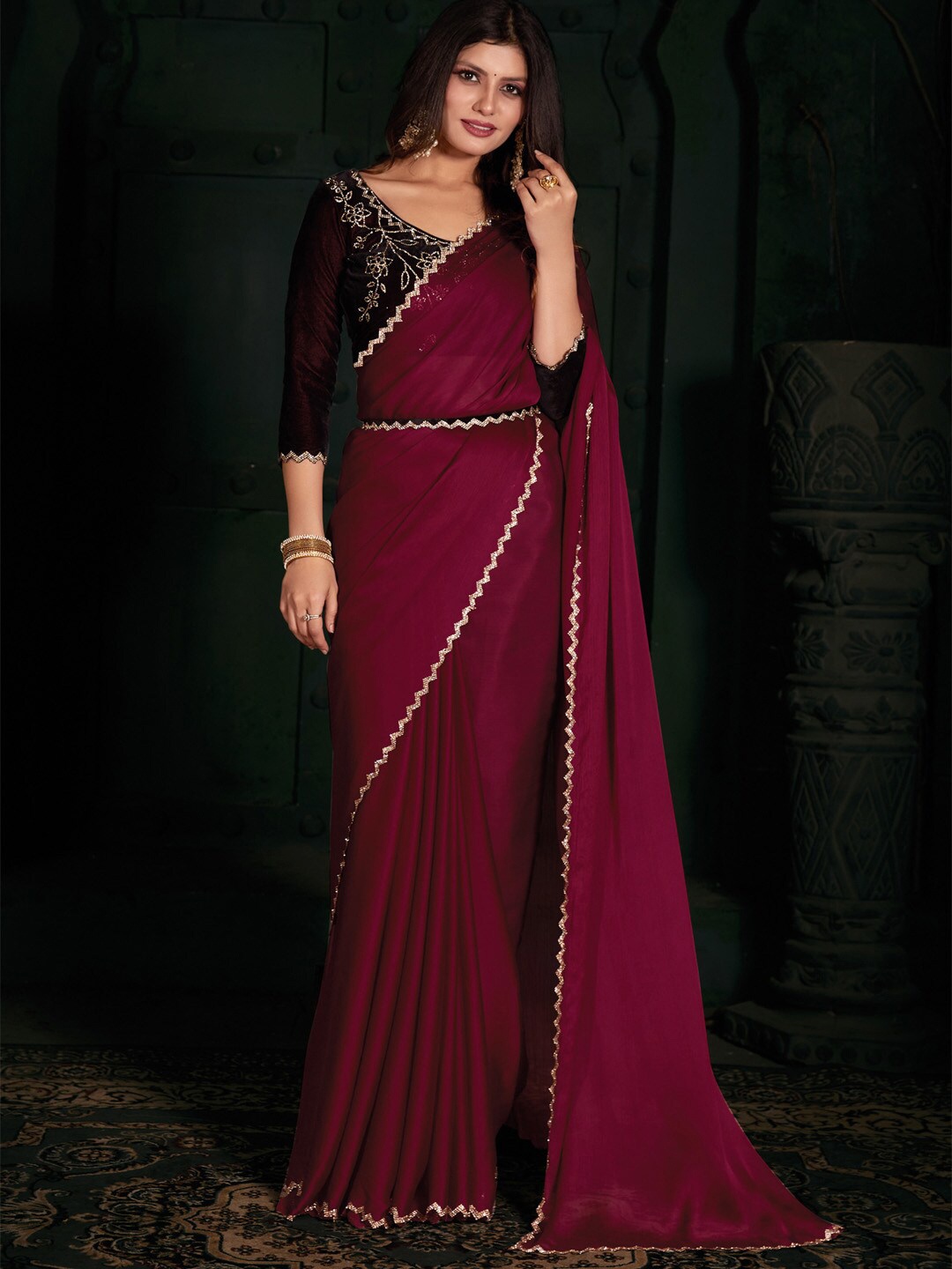 

Saree mall Beads & Stones Poly Chiffon Sarees, Pink