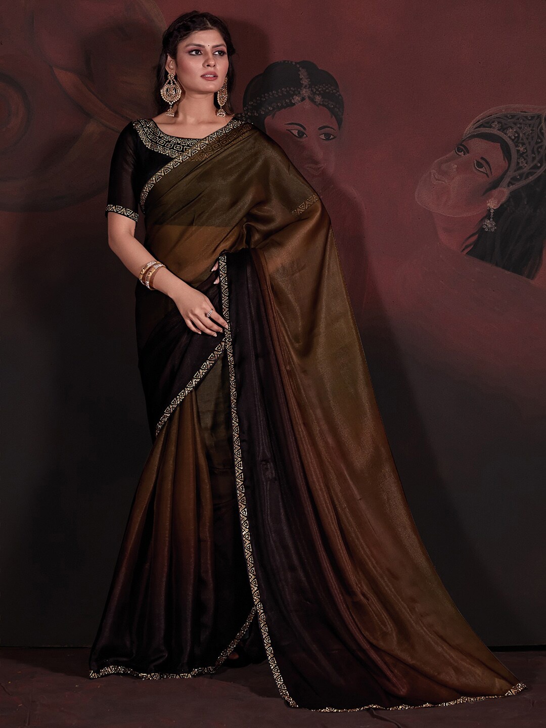 

Saree mall Omber Beads & Stones Organza Sarees, Brown