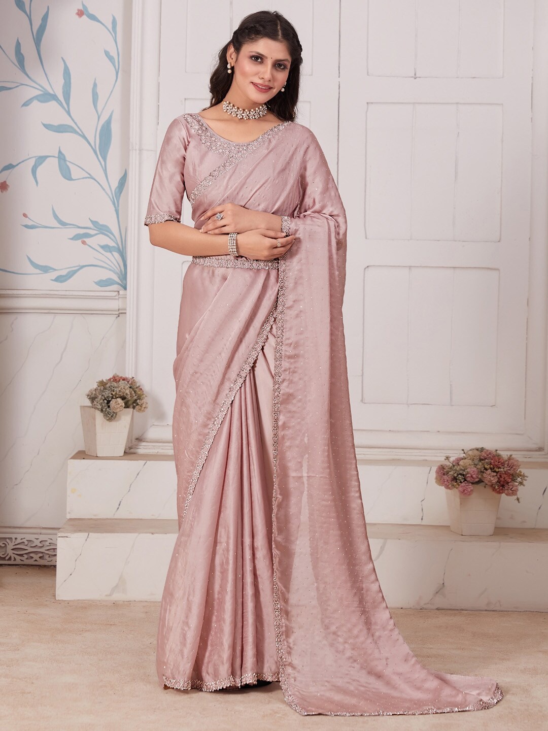 

Saree mall Embellished Beads & Stones Satin Sarees, Rose gold