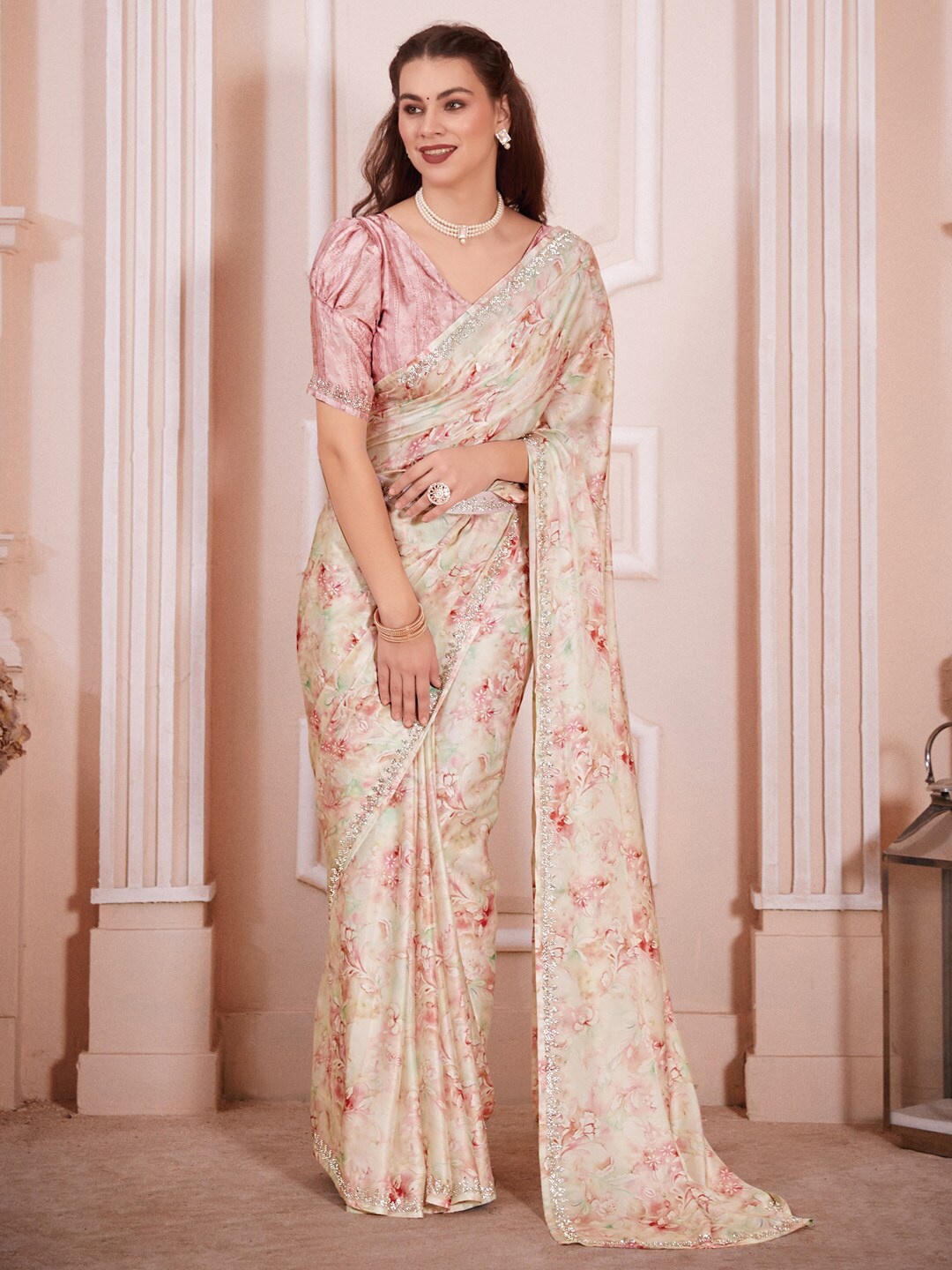 

Saree mall Floral Printed Beads & Stones Satin Saree, Beige