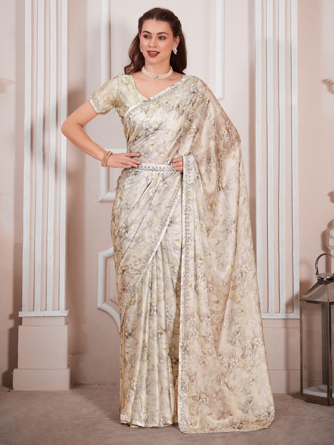 

Saree mall Floral Printed Beads & Stones Satin Belted Saree, Beige
